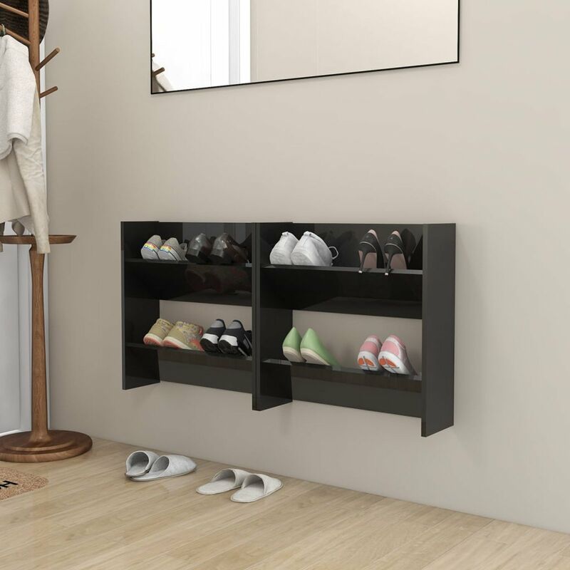 

Zapatero de pared 2 uds negro brillante aglomerado 60x18x60 cm