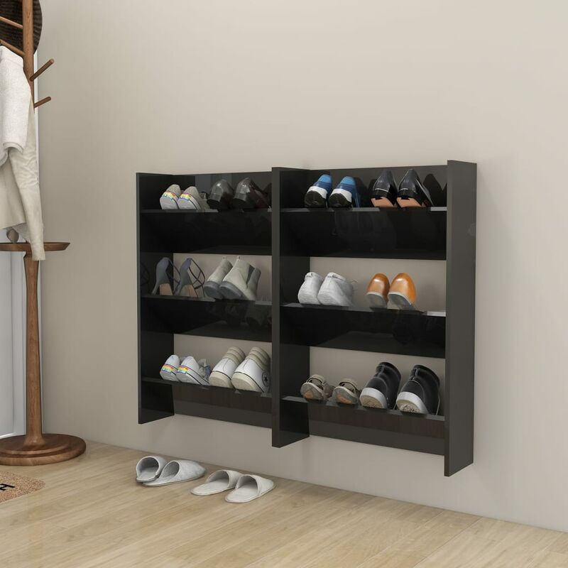 

Zapatero de pared 2 uds negro brillante aglomerado 60x18x90 cm
