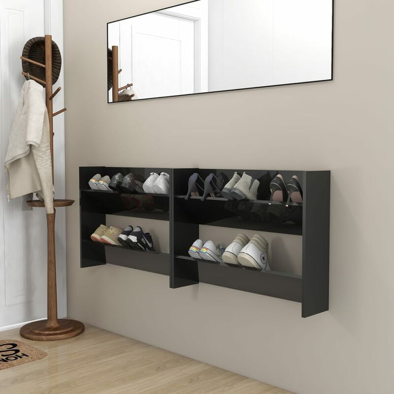 

Zapatero de pared 2 uds negro brillante aglomerado 80x18x60 cm