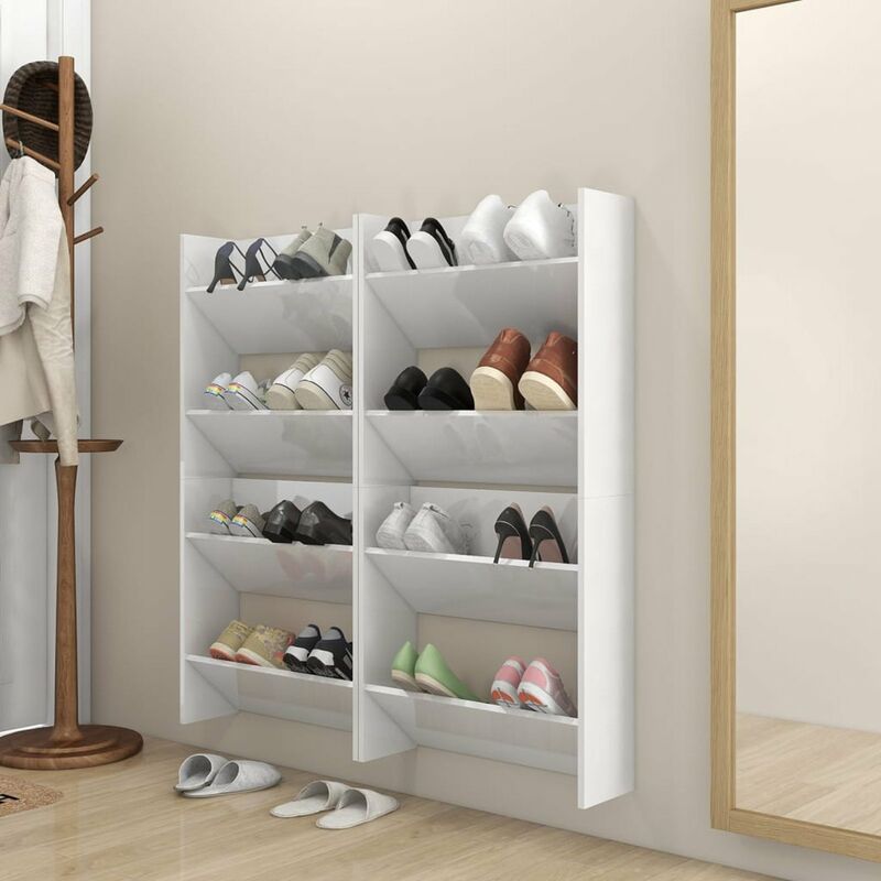 

Zapatero de pared 4 uds aglomerado blanco brillante 60x18x60 cm