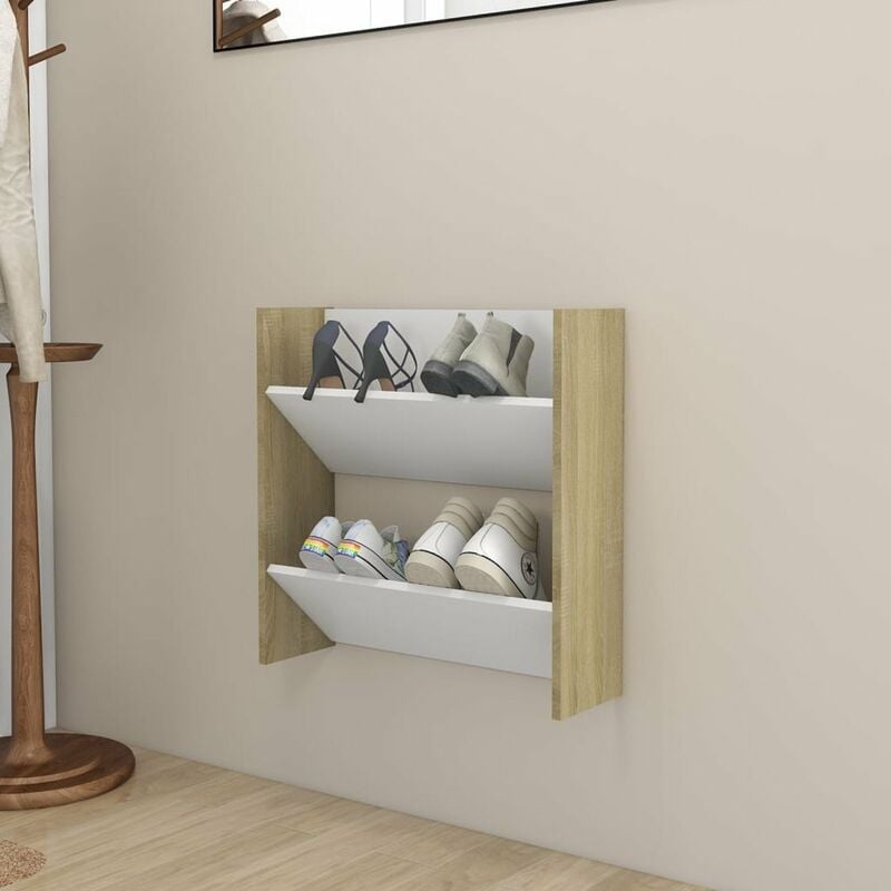 

Zapatero de pared aglomerado blanco roble Sonoma 60x18x60 cm