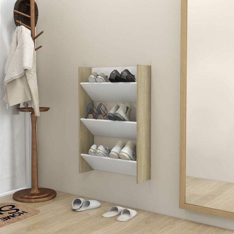 

Zapatero de pared aglomerado blanco roble Sonoma 60x18x90 cm