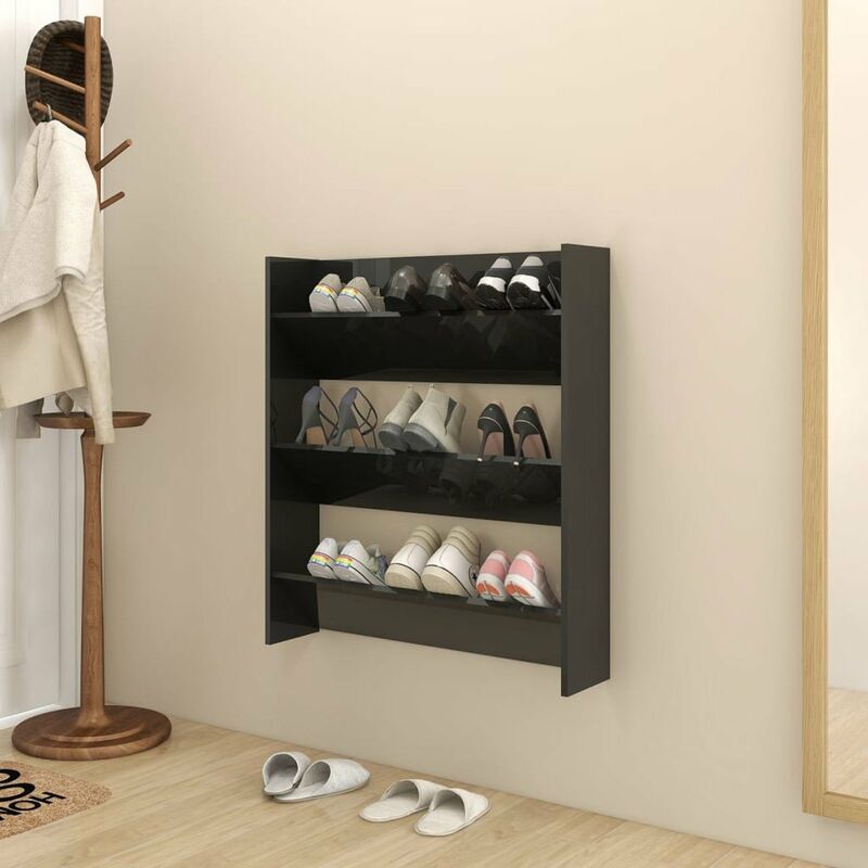 

Zapatero de pared aglomerado negro brillante 80x18x90 cm