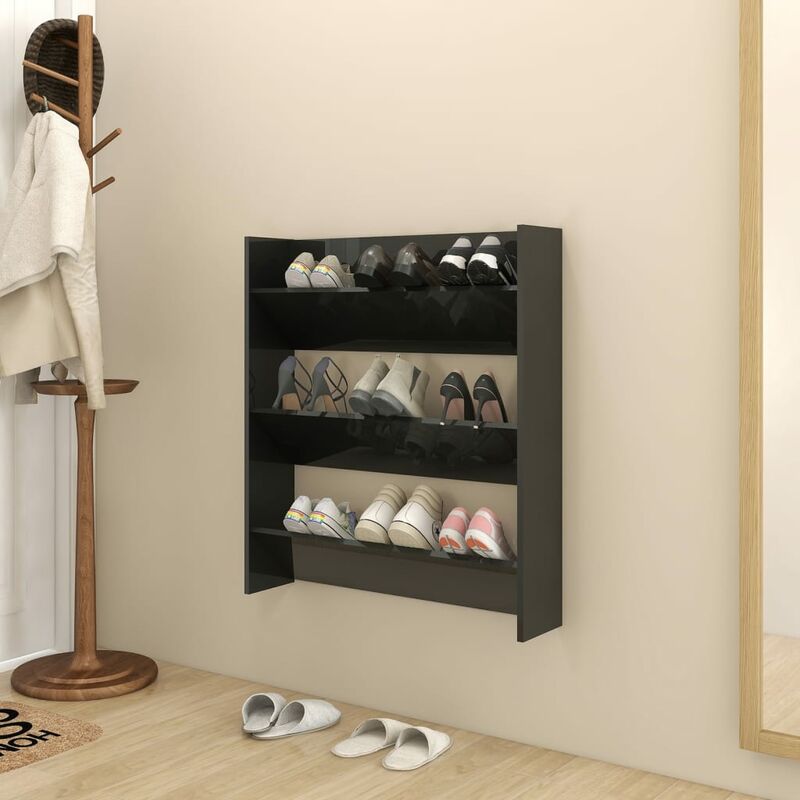 

Zapatero de pared aglomerado negro brillante 80x18x90 cm