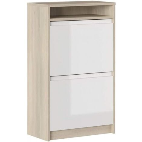 Zapatero de roble blanco brillo y doble fondo con 2 puertas y compartimento - Cosenza