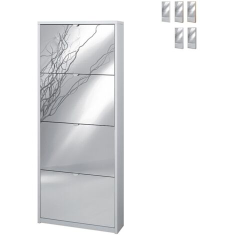 Zapatero delgado que ahorra espacio con cuatro puertas de espejo blanco ceniza 63x18x h154 cm