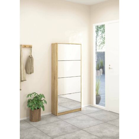 Zapatero Dmora con cuatro puertas espejadas y doble fondo, color Roble, 70,3 x 162 x 24,05 cm, con embalaje reforzado