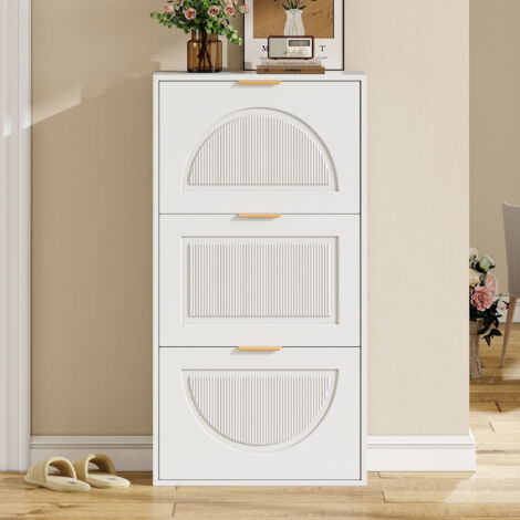 Zapatero estrecho 60x24x114 cm con 3 puertas abatibles, almacenaje modular y antivuelco, MDF blanco