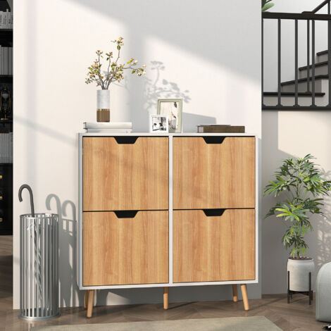 Zapatero Estrecho con 4 Cajones Abatibles y Estantes Ajustables para 16 Pares 95x26x95 cm Natural y Blanco