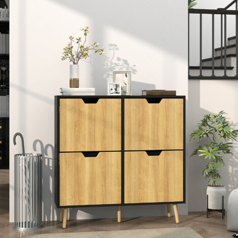 Zapatero Estrecho con 4 Cajones Abatibles y Estantes Ajustables para 16 Pares 95x26x95 cm Natural y Negro