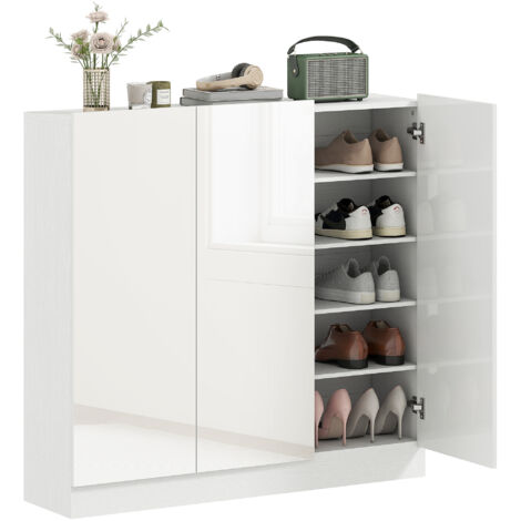 Zapatero estrecho con capacidad para 25 a 30 pares de zapatos, puertas con cierre suave, color blanco brillante.
