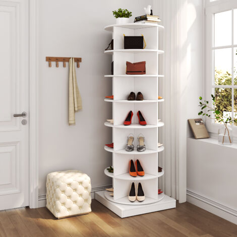 Zapatero giratorio de 360 ​​grados para 28 pares de zapatos tablero de partículas MDF blanco.