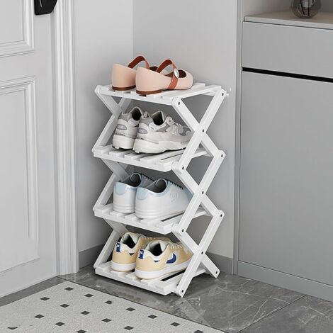 Zapatero independiente, diseño estrecho,zapatero de bambú,plegable, no requiere montaje en pared, ideal para pasillos(blanco, 4 niveles)