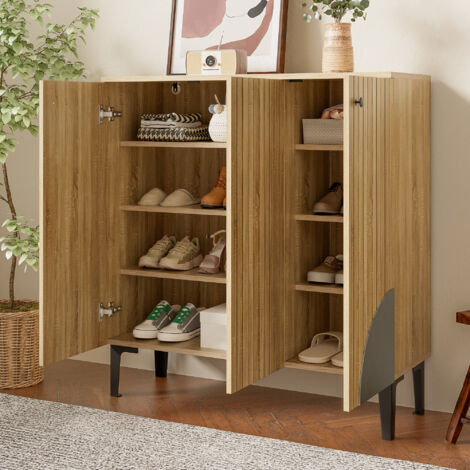 Zapatero líneas verticales elementos grises estantes regulables tablero de partículas 90x32x94cm color madera claro