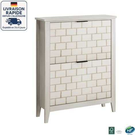 Zapatero - Mueble de almacenaje con 2 puertas - Retro Medieval - Estampado de Cuadros - 80 x 24 x 97,5 cm - Blanco Retro