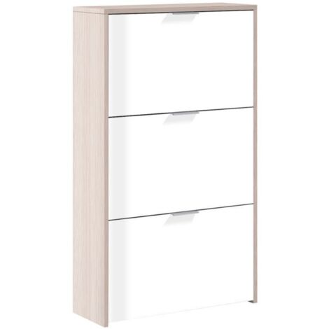 Zapatero Multiestancia Estilo Nórdico en Color Blanco Brillo y Toble Claro con 3 Trampones 113x60x22 cm