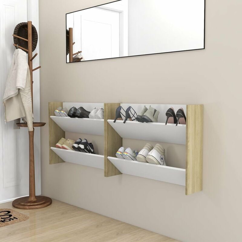 

Zapatero pared 2 uds blanco roble Sonoma aglomerado 80x18x60 cm