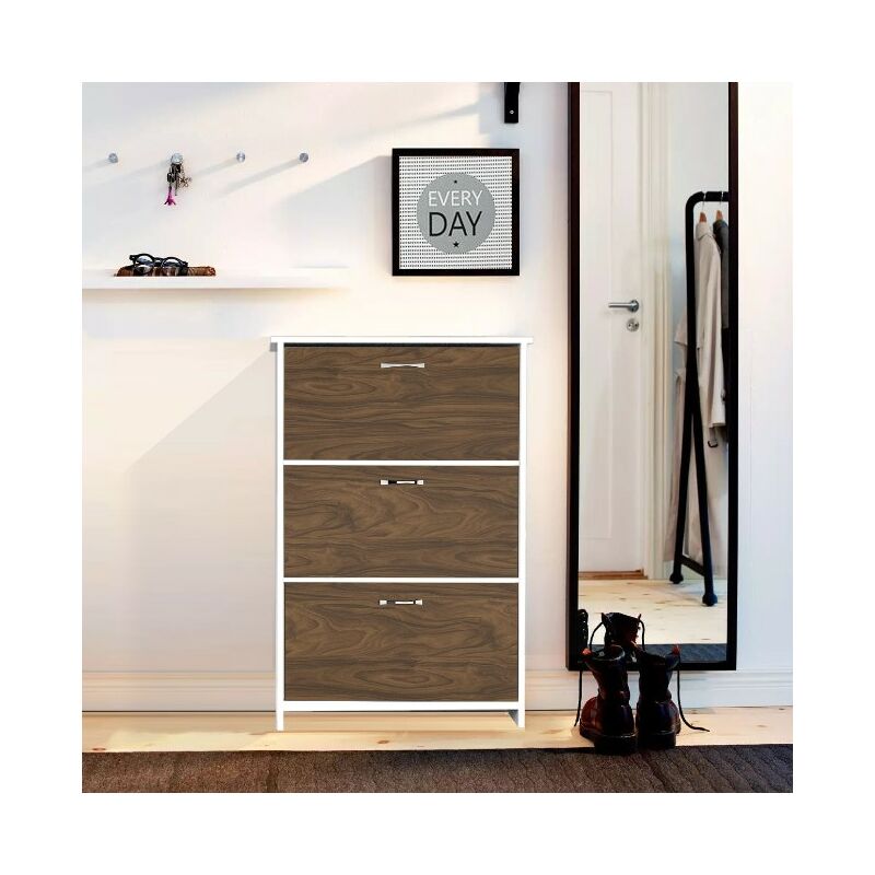 

Zapatero Triplex - Ahorro de espacio, Portazapatos - con puertas - de entrada, pasillo - Nogal, Blanco en Madera, Metal, Plastico, 72 x 25,5 x 112 cm