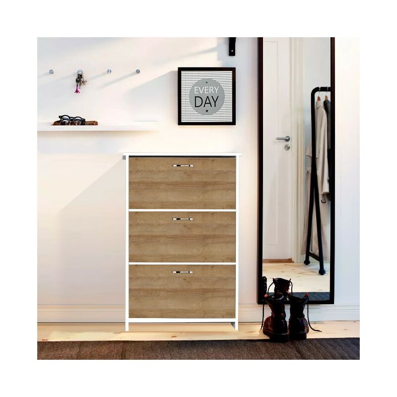 

Zapatero Triplex - Ahorro de espacio, Portazapatos - con puertas - de entrada, pasillo - Roble, Blanco en Madera, Metal, Plastico, 72 x 25,5 x 112 cm