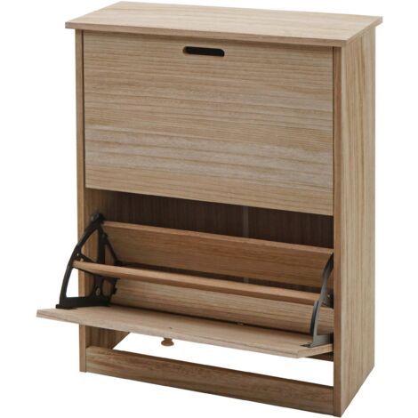 Zapatero volquete HHG-398, mueble zapatero zapatero, 81x60x25cm 2 solapas, MDF de paulownia, marrón natural