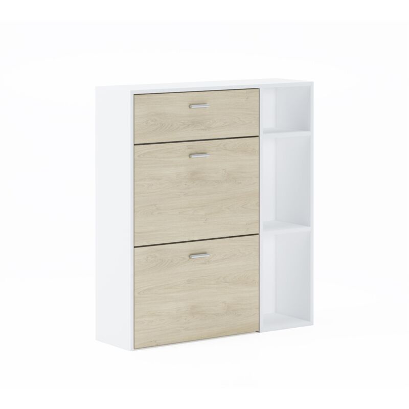 

Zapatero WIND, color estructura Blanco, color Puccini en las 2 puertas basculantes y el cajón, medidas 90x26x101.5cm de altura - MULTICOLOR