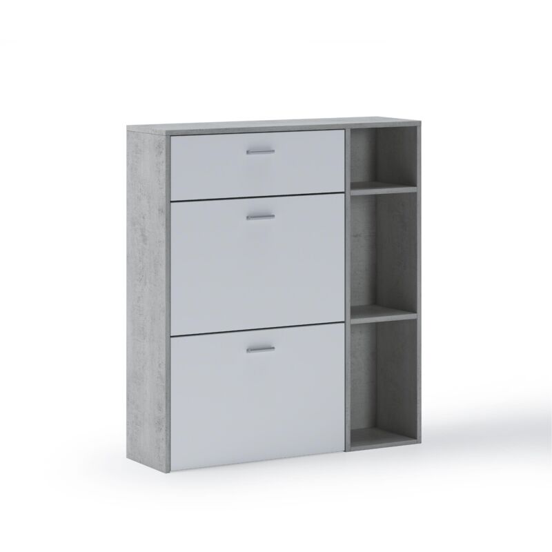 

Zapatero WIND, color estructura CEMENTO, color Blanco Mate en las 2 puertas basculantes y el cajón, medidas 90x26x101.5cm de altura. - GRIS