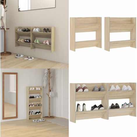 Zapateros de pared 2 uds contrachapada roble Sonoma 60x18x60 cm - Armario de zapatos - Organizador de zapatos