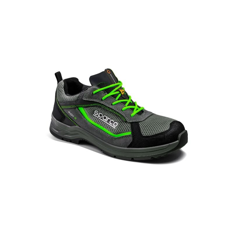 Chaussure de se'curite' basse Sparco Indy Sonoma esd S1PS sr fo lg avec embout N.40 Gris Fonce'/Vert Fluo en daim et renforts en microfibre Grigio