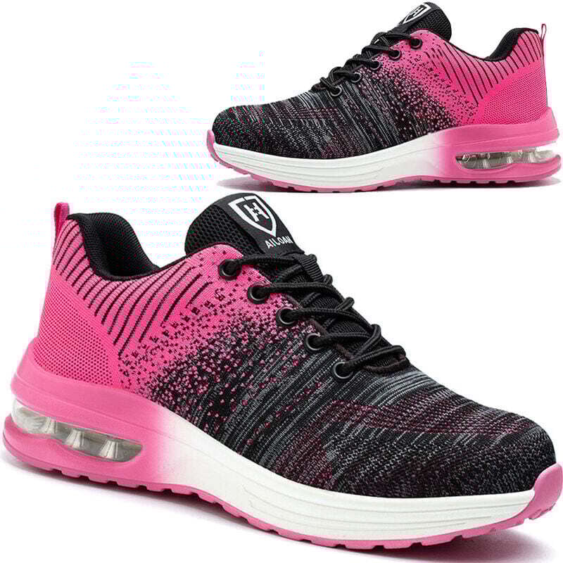 Zapatos de Seguridad Hombre Mujer Zapatillas de Seguridad Ligeras Zapato de Trabajo Cómodo Transpirable con Puntera de Acero Negro-Rosa Talla 38
