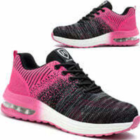 Zapatos de seguridad para hombre y mujer, ligeros, transpirables, cómodos, con puntera de acero, color negro y rosa, talla 40