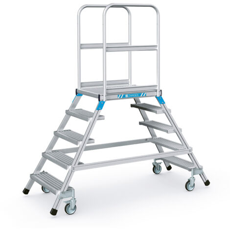 Zarges Podestleiter fahrbar mit 2x5 Stahl-Gitterrost-Stufen