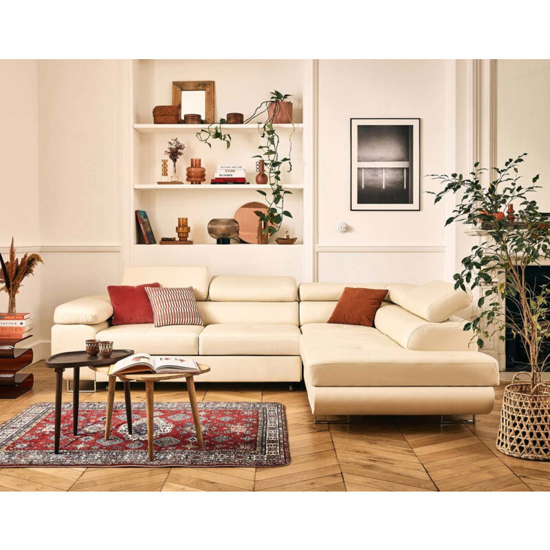 Lisa Design - Zaria - canapé d'angle droit 5 places convertible avec coffre et têtières en cuir vegan - beige