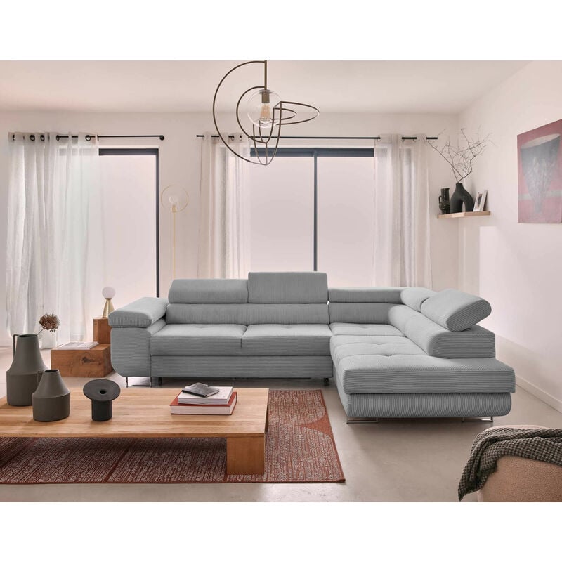Zaria - canapé d'angle droit - convertible avec coffre et têtières réglables - 5 places - en velours côtelé - gris clair