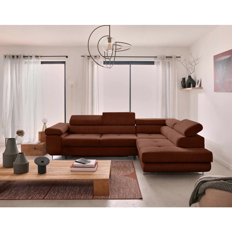 Zaria - canapé d'angle droit - convertible avec coffre et têtières réglables - 5 places - en velours côtelé - terracotta