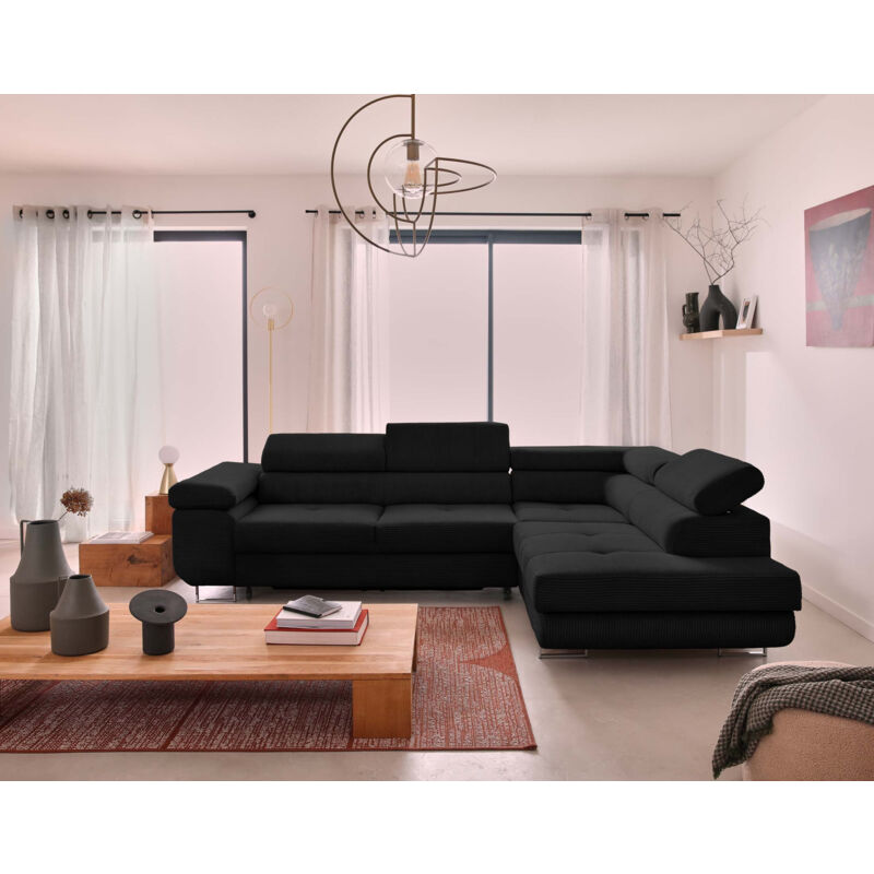 Bestmobilier - Zaria - canapé d'angle droit - convertible avec coffre et têtières réglables - 5 places - en velours côtelé - noir