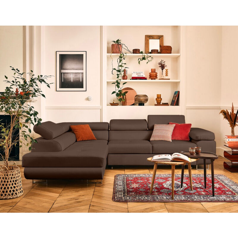 Lisa Design - Zaria - canapé d'angle gauche 5 places convertible avec coffre et têtières en cuir vegan - marron