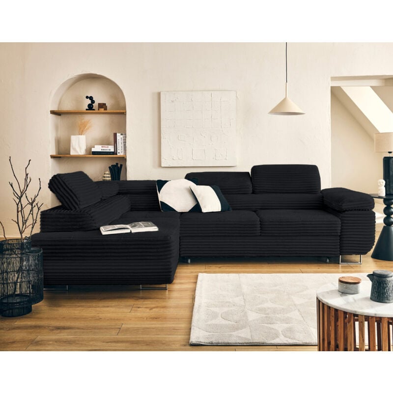 Lisa Design - Zaria - canapé d'angle gauche 5 places convertible avec coffre et têtières en velours côtelé grosses côtes