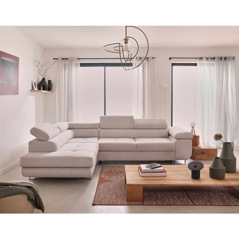 Zaria - canapé d'angle gauche - convertible avec coffre et têtières réglables - 5 places - en velours côtelé