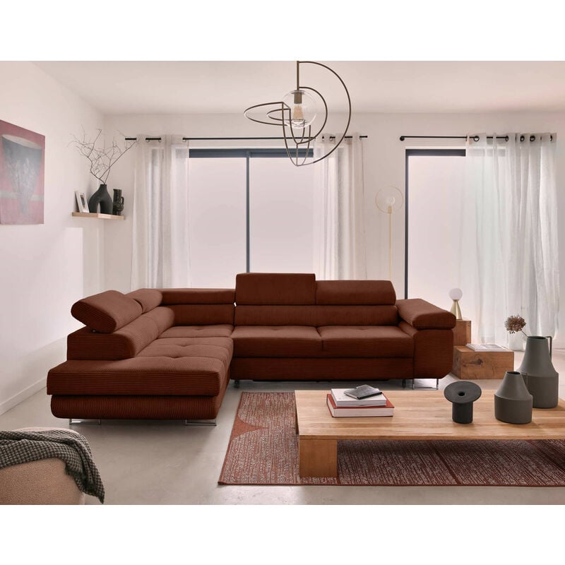 Zaria - canapé d'angle gauche - convertible avec coffre et têtières réglables - 5 places - en velours côtelé - terracotta