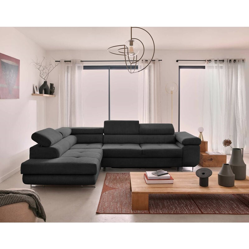 Zaria - canapé d'angle gauche - convertible avec coffre et têtières réglables - 5 places - en velours côtelé - gris foncé
