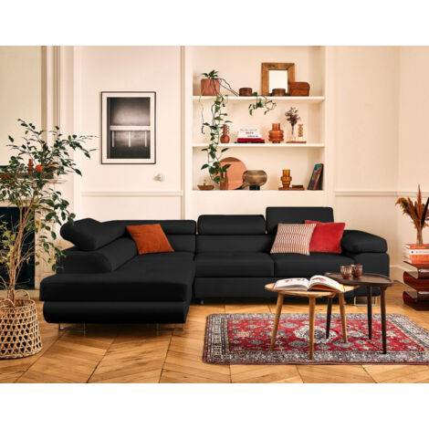 Zaria - ecksofa links 5-sitzer schlaffunktion und bettkasten und kopfstützen aus veganem leder - schwarz