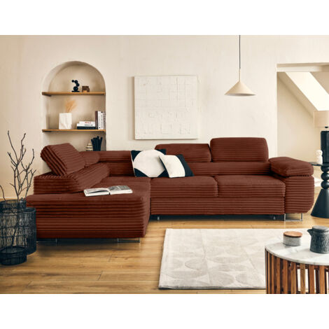 Zaria - ecksofa links 5-sitzer schlaffunktion und bettkasten und kopfstützen großer geripptem cord - terrakotta