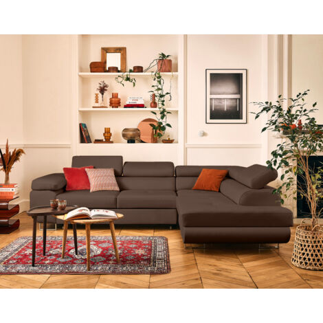 Zaria - ecksofa rechts 5-sitzer schlaffunktion und bettkasten und kopfstützen aus veganem leder - braun