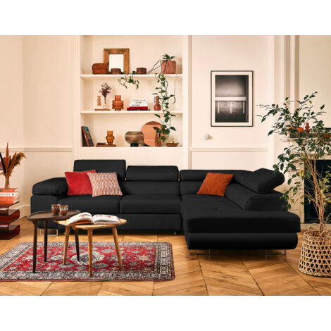 Zaria - ecksofa rechts 5-sitzer schlaffunktion und bettkasten und kopfstützen aus veganem leder - schwarz