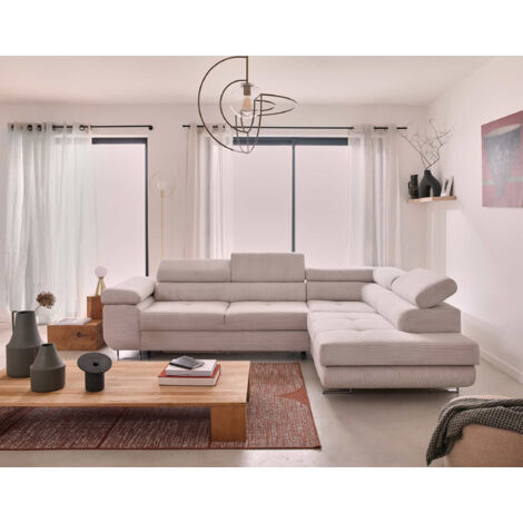 Zaria – ecksofa rechts – mit schlaffunktion und bettkasten sowie verstellbaren kopfstützen – 5-sitzer – aus cord - beige