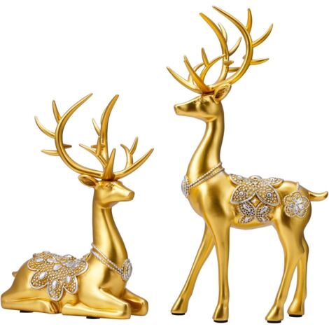Zeitgenössische goldene Hirschskulptur für Wohnzimmer und Eingangsbereich, Harzdekoration für Tisch und Kamin