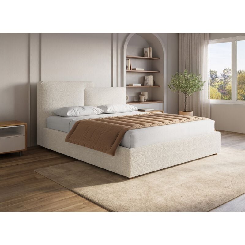 Deco In Paris - zelia - Lit coffre en tissu bouclette beige 140x190 cm zelia