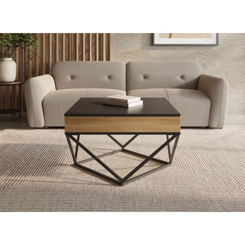 Deco In Paris - zelie - Table basse en bois avec plateau pivotant en verre trempé noir et pieds métal zelie