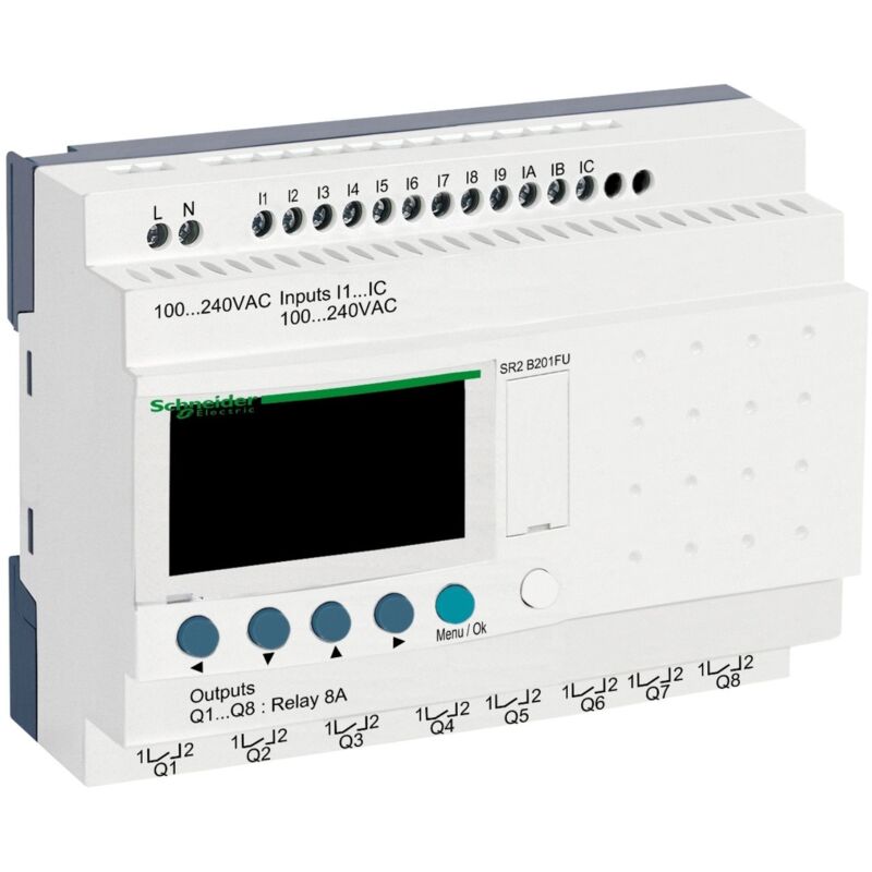 Schneider Electric – Relais intelligent compact 20E/S 100-240Vca – Horloge avec écran rétro-éclairé – 8 sorties relais – SR2B201FU