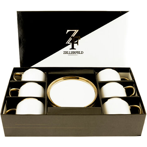Zellerfeld 12-Teilig Mokkaservice mit Untertasse Tasse Mokkatasse Gold-Umrandung weiß
